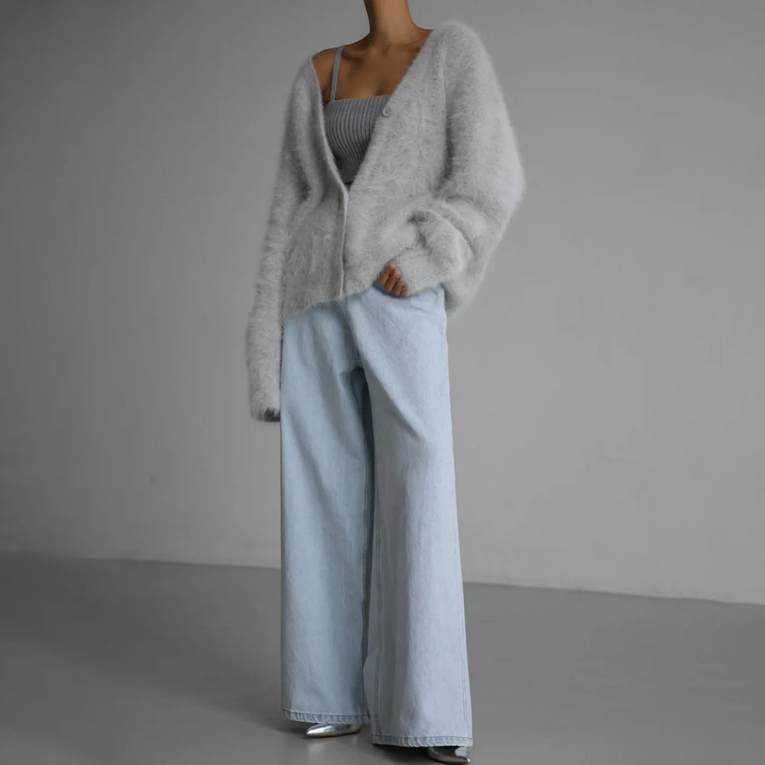 Cardigan Weiches Mohair Oversized Passform Lange Ärmel Knopfverschluss