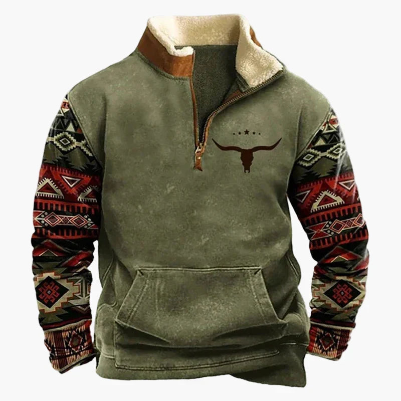 Western Style Pullover mit Azteken-Muster und Longhorn-Motiv - Bequemer Freizeit-Sweater für Outdoor & Alltag