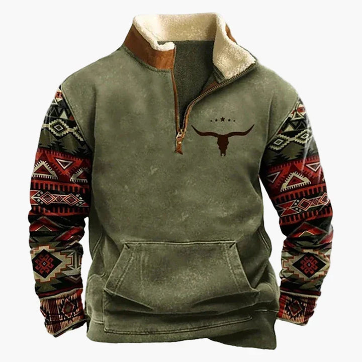 Western Style Pullover mit Azteken-Muster und Longhorn-Motiv - Bequemer Freizeit-Sweater für Outdoor & Alltag