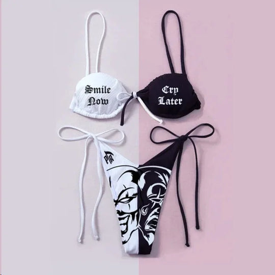 Sexy Goth Bikini Frauen Buchstaben Totenkopf Druck Badeanzug Split Badeanzug Hohe Taille Gotische Bikini Set Strandoutfits