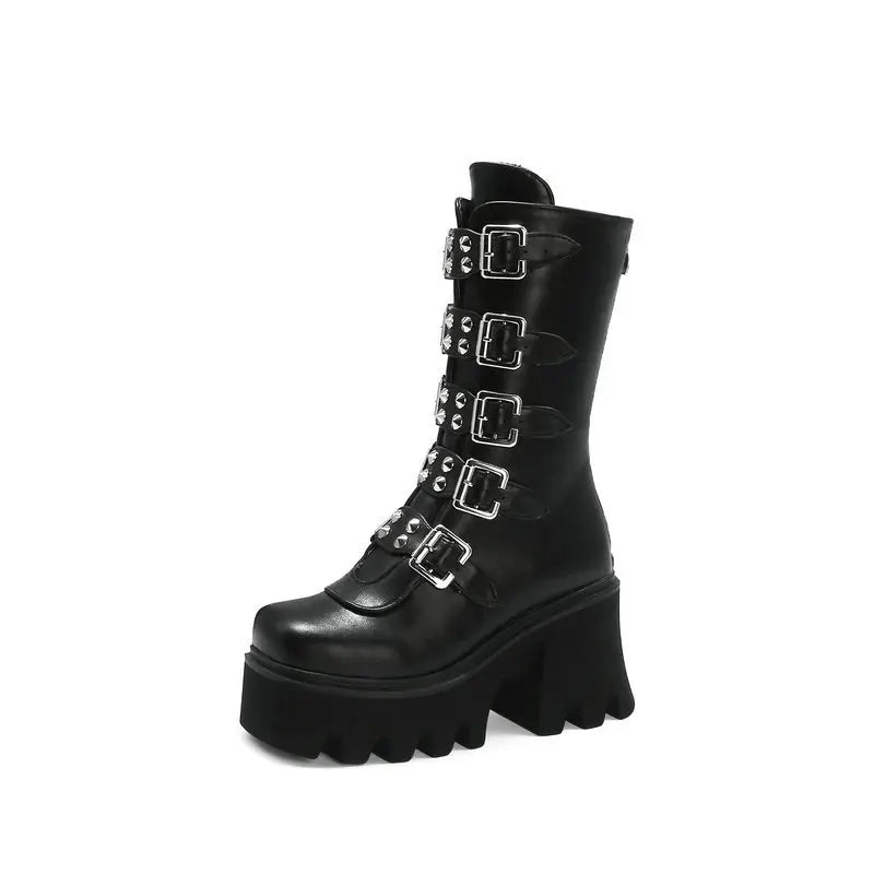 Gothic Schuhe Frauen Schwarz Hochstiefel Weiblich Hohe Absatz Frauen Combat Punk Chunky Dame