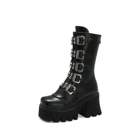 Gothic Schuhe Frauen Schwarz Hochstiefel Weiblich Hohe Absatz Frauen Combat Punk Chunky Dame - Arvani