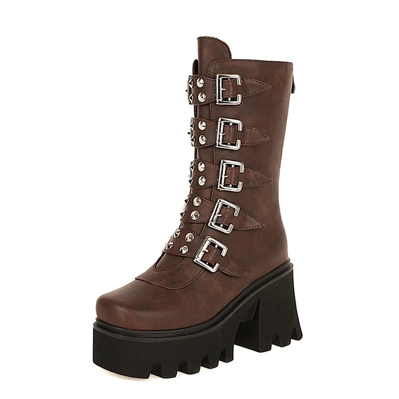 Gothic Schuhe Frauen Schwarz Hochstiefel Weiblich Hohe Absatz Frauen Combat Punk Chunky Dame