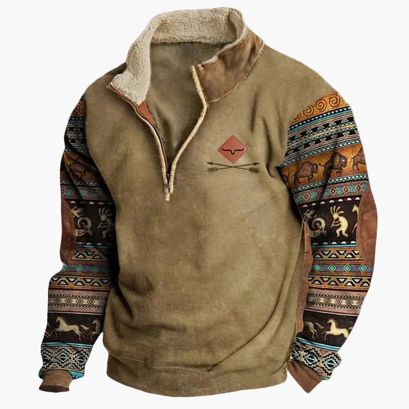 Western Style Pullover mit Azteken-Muster und Longhorn-Motiv - Bequemer Freizeit-Sweater für Outdoor & Alltag