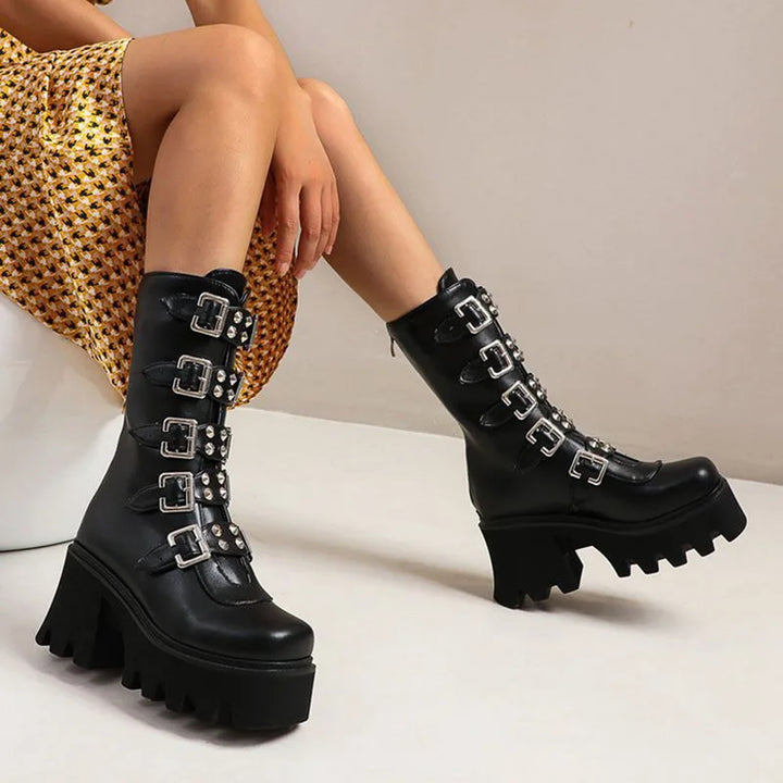 Gothic Schuhe Frauen Schwarz Hochstiefel Weiblich Hohe Absatz Frauen Combat Punk Chunky Dame