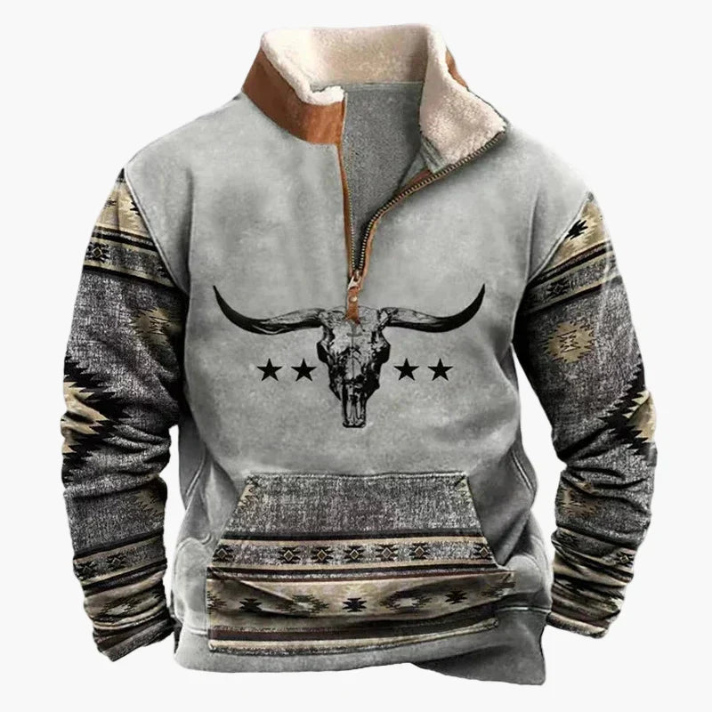 Western Style Pullover mit Azteken-Muster und Longhorn-Motiv - Bequemer Freizeit-Sweater für Outdoor & Alltag