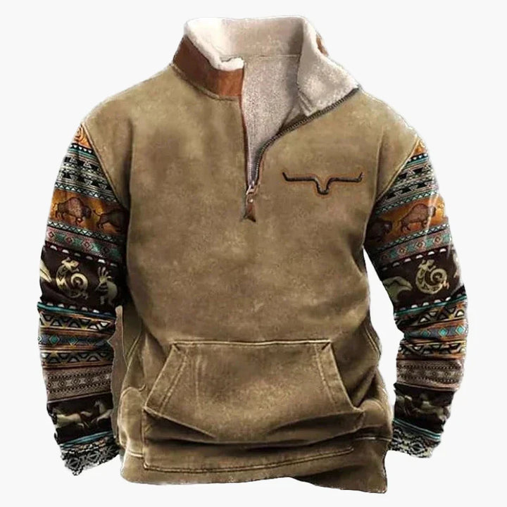 Western Style Pullover mit Azteken-Muster und Longhorn-Motiv - Bequemer Freizeit-Sweater für Outdoor & Alltag