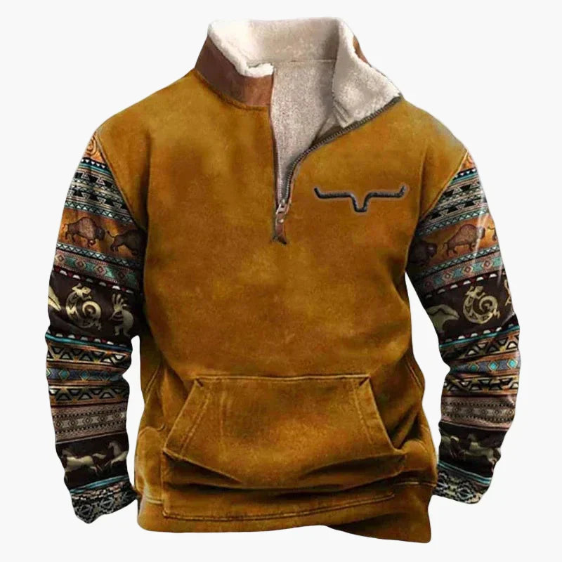 Western Style Pullover mit Azteken-Muster und Longhorn-Motiv - Bequemer Freizeit-Sweater für Outdoor & Alltag