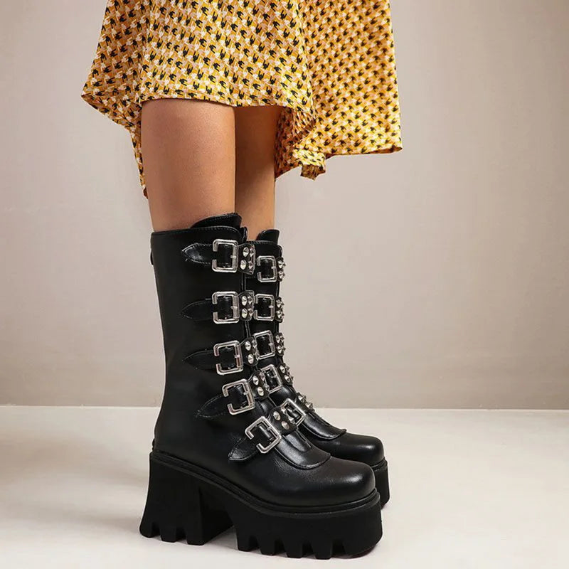 Gothic Schuhe Frauen Schwarz Hochstiefel Weiblich Hohe Absatz Frauen Combat Punk Chunky Dame