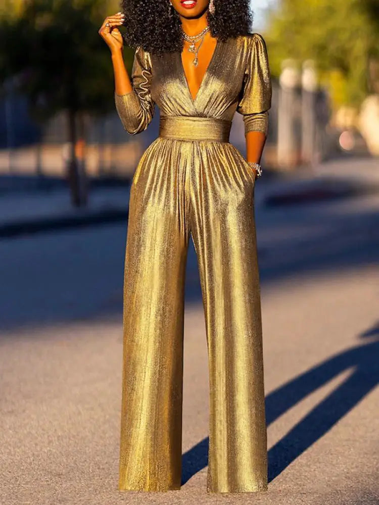 Nord Taschen Damen Jumpsuit mit V-Ausschnitt und Metallic-Optik