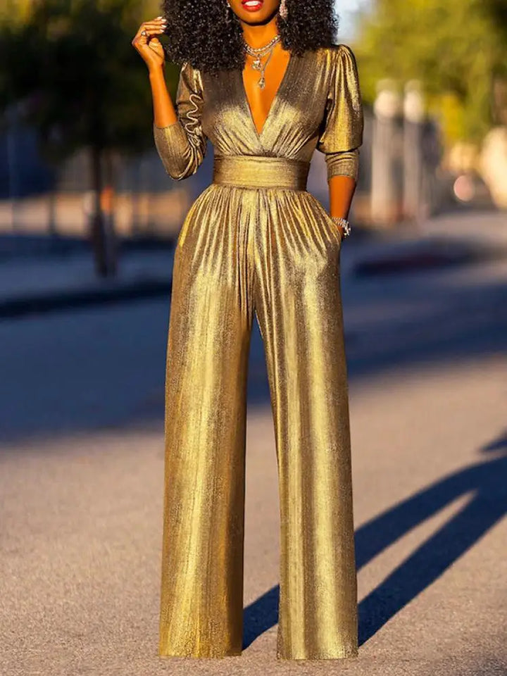 Nord Taschen Damen Jumpsuit mit V-Ausschnitt und Metallic-Optik