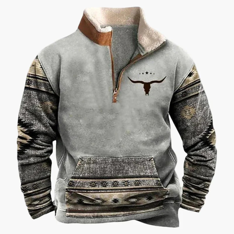 Western Style Pullover mit Azteken-Muster und Longhorn-Motiv - Bequemer Freizeit-Sweater für Outdoor & Alltag