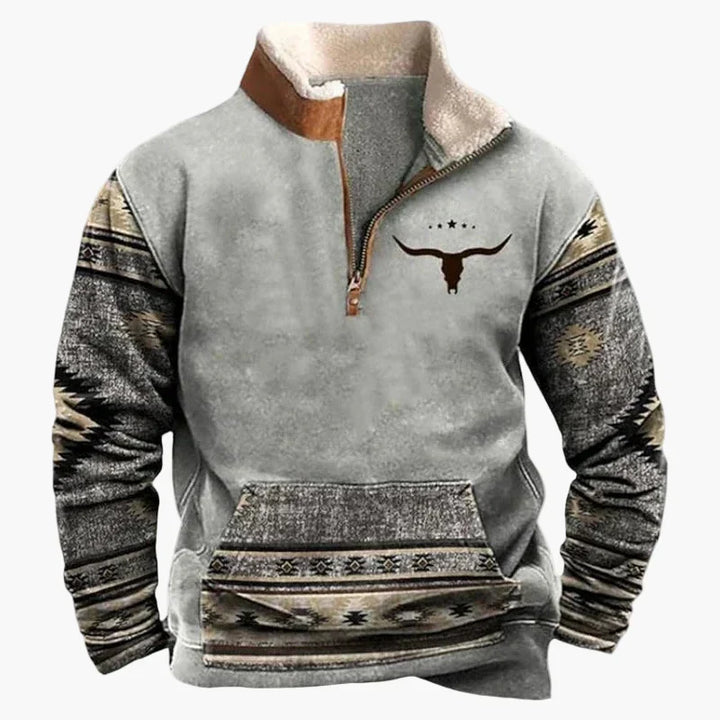 Western Style Pullover mit Azteken-Muster und Longhorn-Motiv - Bequemer Freizeit-Sweater für Outdoor & Alltag