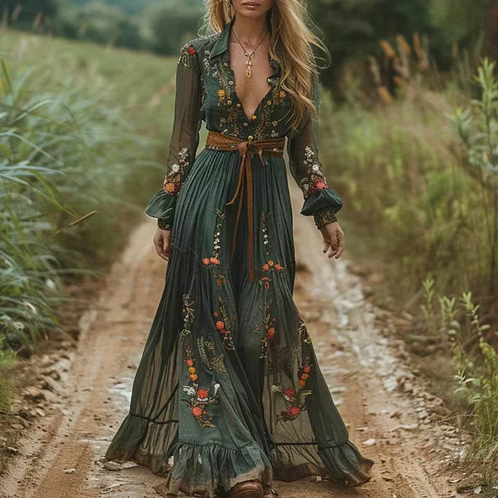 Boho Damen Maxikleid mit Niedrigem V-Ausschnitt und Langarm | Nord Taschen
