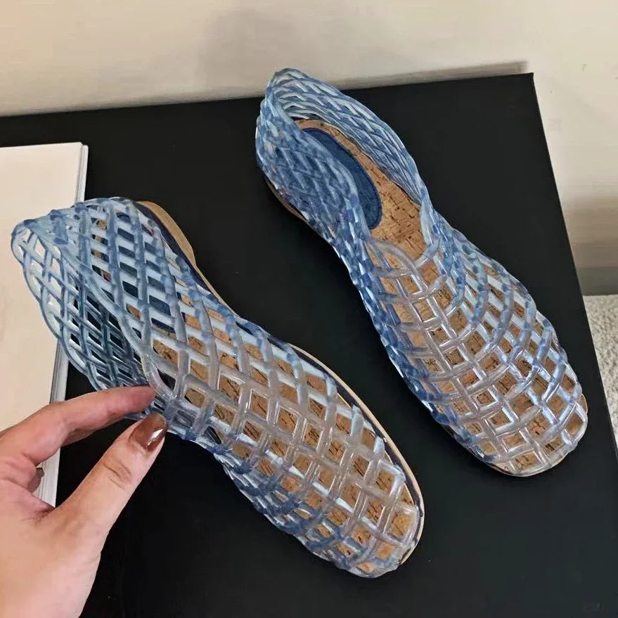 Sommer Jellies Schuhe Frauen Mode Transparent Mesh Hollow Out Strand Schuhe Damen Flache Sandalen Farbige Runde Zehen Jelly Sandalen