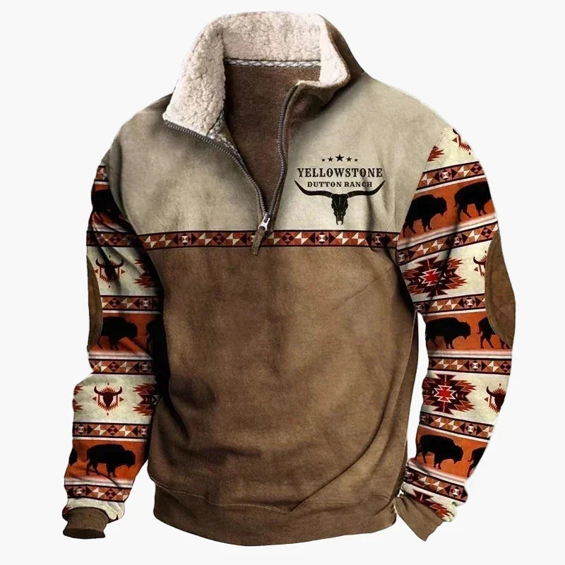 Western Style Pullover mit Azteken-Muster und Longhorn-Motiv - Bequemer Freizeit-Sweater für Outdoor & Alltag