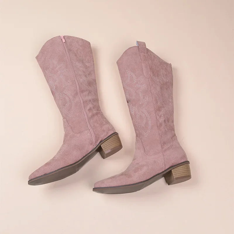 Cowboy-Stiefel – Wildleder-Textur – Bestickter Western-Stil – Halb Hoch – Niedriger Absatz - Vittorelli