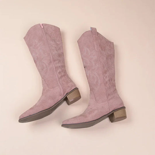 Cowboy-Stiefel – Wildleder-Textur – Bestickter Western-Stil – Halb Hoch – Niedriger Absatz - Vittorelli
