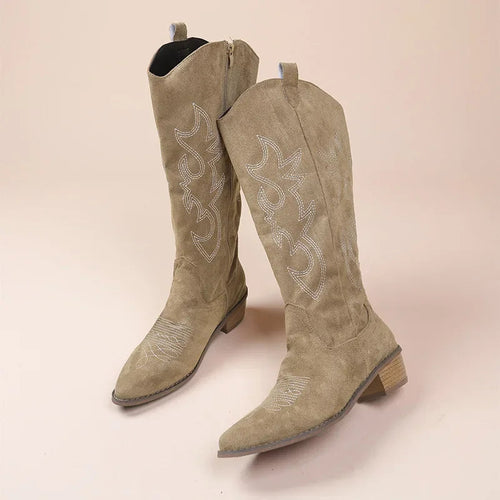 Cowboy-Stiefel – Wildleder-Textur – Bestickter Western-Stil – Halb Hoch – Niedriger Absatz - Vittorelli