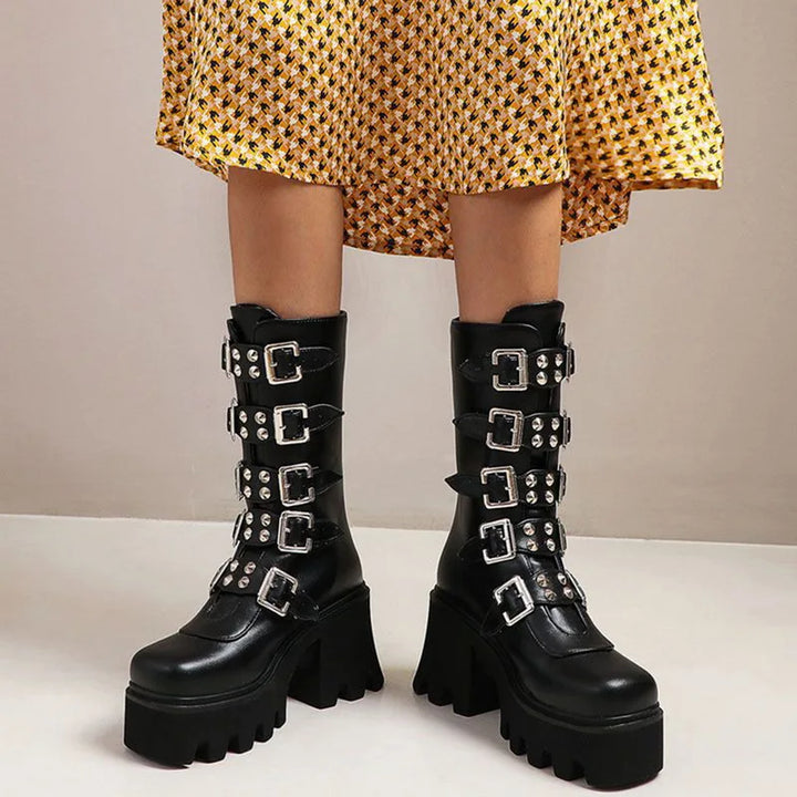 Gothic Schuhe Frauen Schwarz Hochstiefel Weiblich Hohe Absatz Frauen Combat Punk Chunky Dame