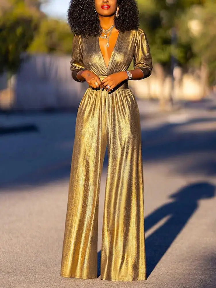 Nord Taschen Damen Jumpsuit mit V-Ausschnitt und Metallic-Optik