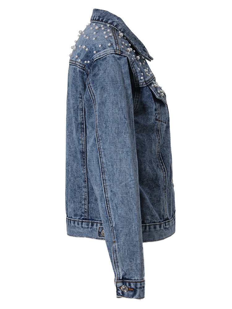 Exklusive Lina Jeansjacke Denim-LiNord Taschenling mit Stilvoller Perlenverzierung