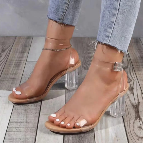 Damen transparente Sandalen mit Blockabsatz und elegantem Riemen