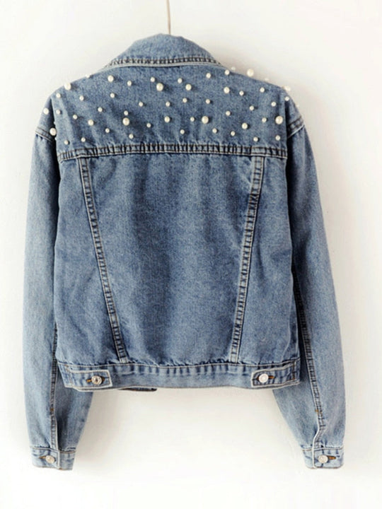 Exklusive Lina Jeansjacke Denim-LiNord Taschenling mit Stilvoller Perlenverzierung