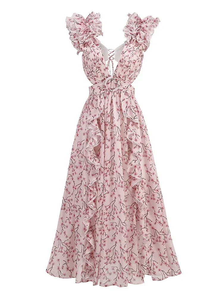 Cutout Rüsch Maxi Kleid