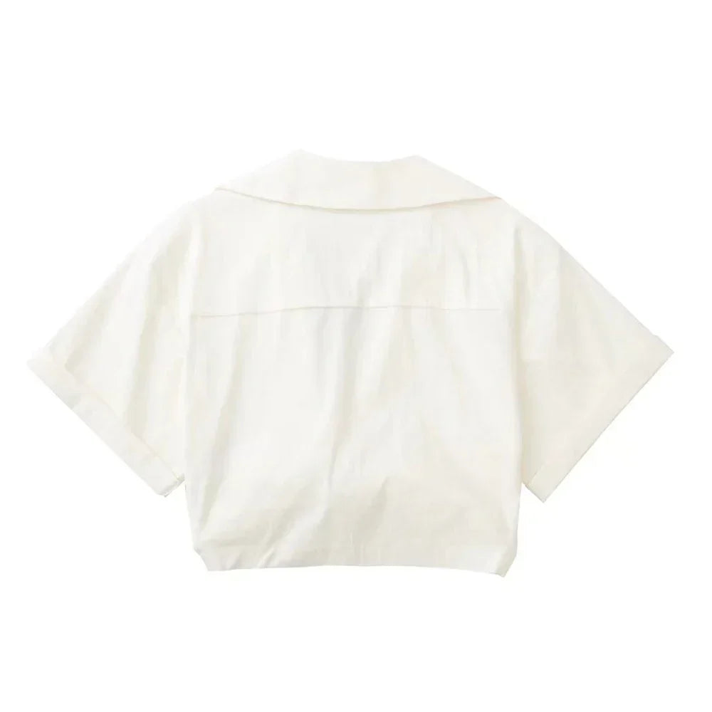 Damen Vintage Kurzarm Leinen Crop Shirt