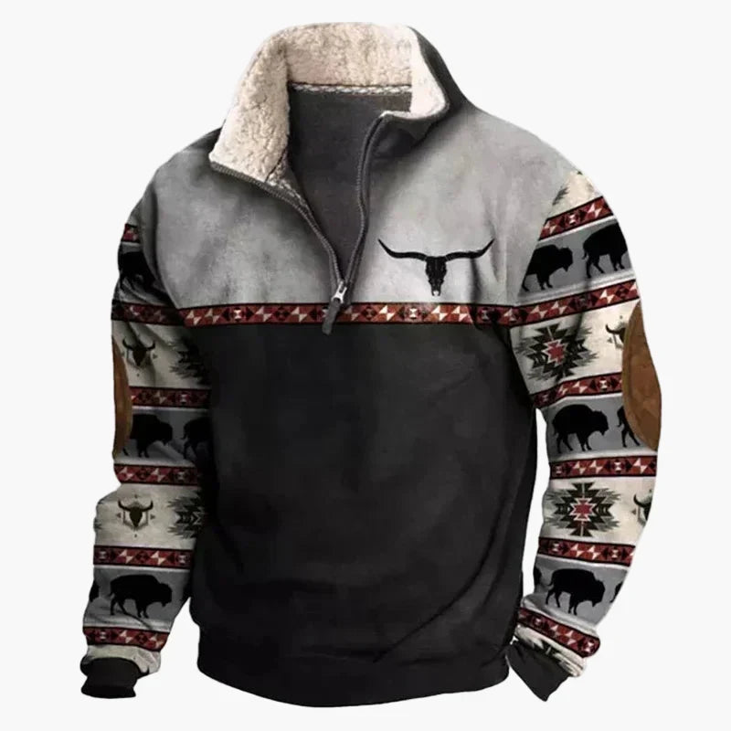 Western Style Pullover mit Azteken-Muster und Longhorn-Motiv - Bequemer Freizeit-Sweater für Outdoor & Alltag