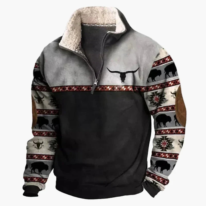 Western Style Pullover mit Azteken-Muster und Longhorn-Motiv - Bequemer Freizeit-Sweater für Outdoor & Alltag