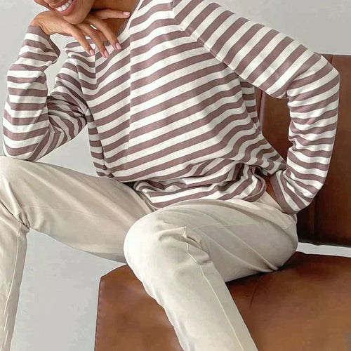 Langarm-T-Shirt Gestreift Rundhals Relaxed Fit Atmungsaktive Baumwolle
