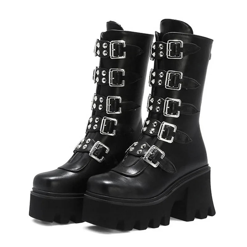 Gothic Schuhe Frauen Schwarz Hochstiefel Weiblich Hohe Absatz Frauen Combat Punk Chunky Dame