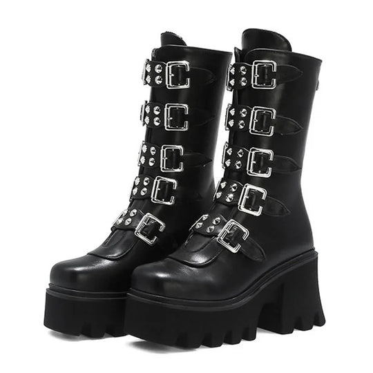 Gothic Schuhe Frauen Schwarz Hochstiefel Weiblich Hohe Absatz Frauen Combat Punk Chunky Dame - Arvani