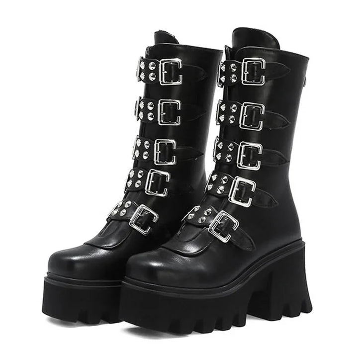 Gothic Schuhe Frauen Schwarz Hochstiefel Weiblich Hohe Absatz Frauen Combat Punk Chunky Dame