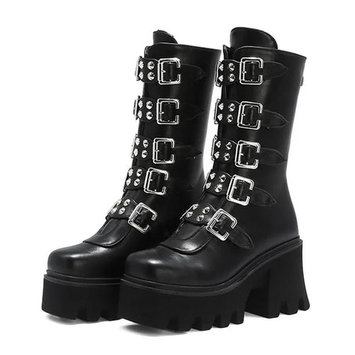 Gothic Schuhe Frauen Schwarz Hochstiefel Weiblich Hohe Absatz Frauen Combat Punk Chunky Dame - Arvani