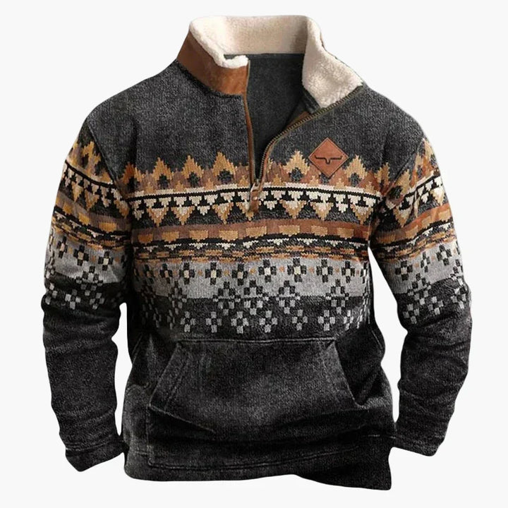 Western Style Pullover mit Azteken-Muster und Longhorn-Motiv - Bequemer Freizeit-Sweater für Outdoor & Alltag