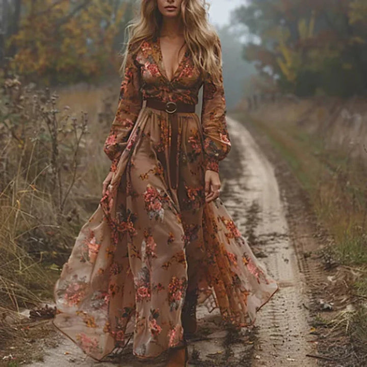 Boho Damen Maxikleid mit Niedrigem V-Ausschnitt und Langarm | Nord Taschen
