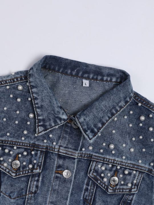 Exklusive Lina Jeansjacke Denim-LiNord Taschenling mit Stilvoller Perlenverzierung