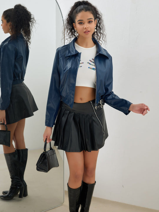 Damen trendige cropped Kunstlederjacke mit ausgefallenem Verschluss Nord Taschen