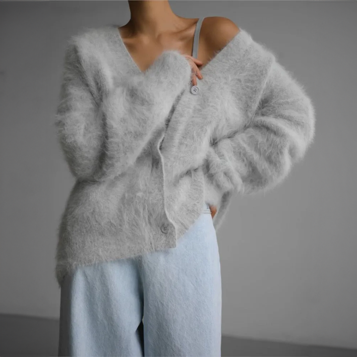 Cardigan Weiches Mohair Oversized Passform Lange Ärmel Knopfverschluss