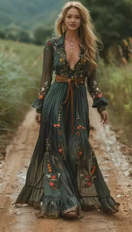 Boho Maxikleid mit V-Ausschnitt | Nord Taschen