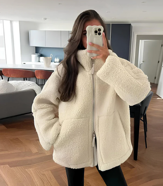 Teddyjacke Übergröße Passform Weiches Fleece Hochkragen Reißverschluss Closure