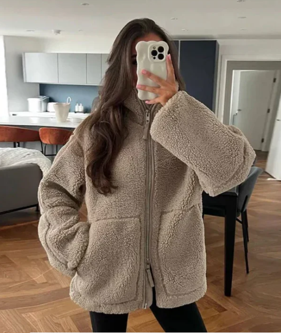 Damen Relaxed Fit Teddy Zip-Up Jacke
