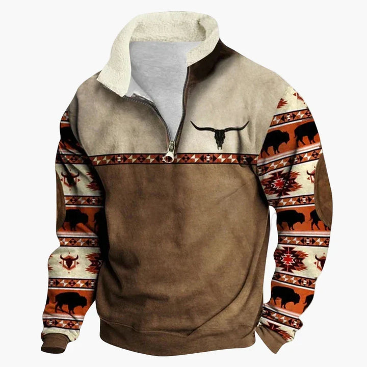 Western Style Pullover mit Azteken-Muster und Longhorn-Motiv - Bequemer Freizeit-Sweater für Outdoor & Alltag