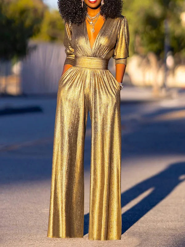 Nord Taschen Damen Jumpsuit mit V-Ausschnitt und Metallic-Optik