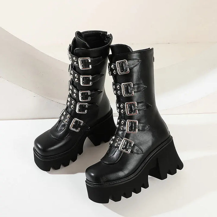 Gothic Schuhe Frauen Schwarz Hochstiefel Weiblich Hohe Absatz Frauen Combat Punk Chunky Dame