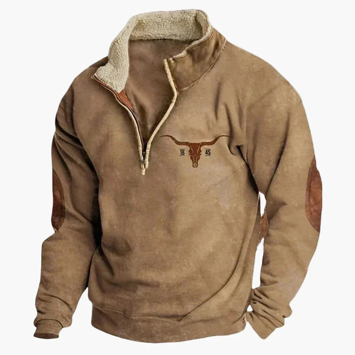 Western Style Pullover mit Azteken-Muster und Longhorn-Motiv - Bequemer Freizeit-Sweater für Outdoor & Alltag