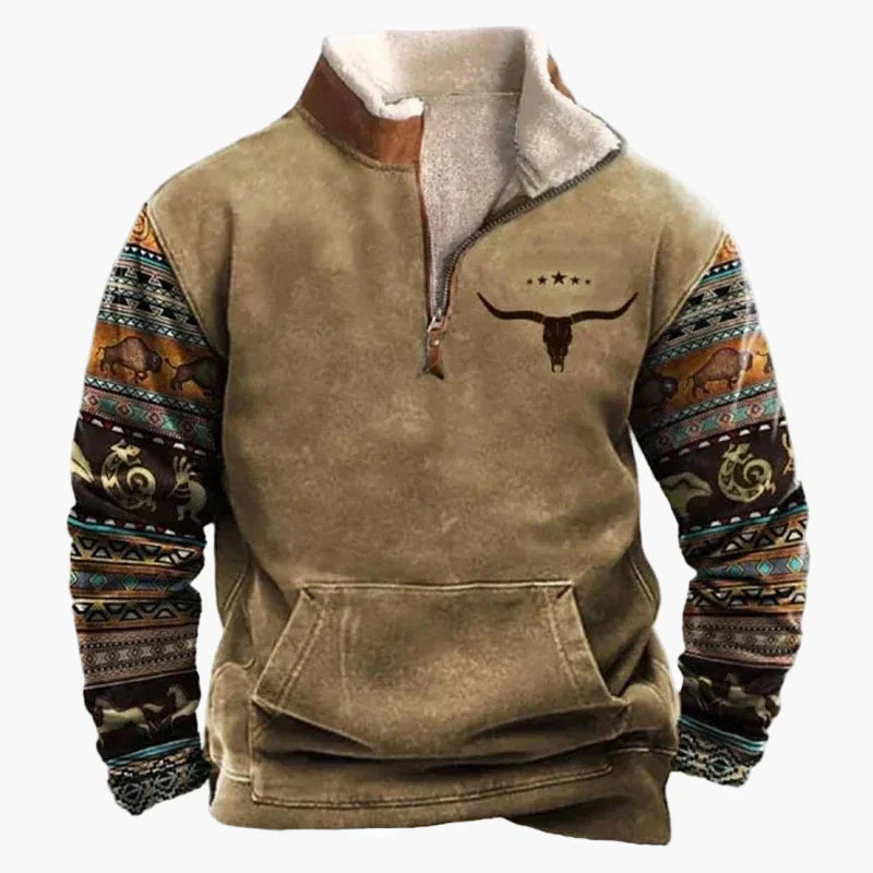 Western Style Pullover mit Azteken-Muster und Longhorn-Motiv - Bequemer Freizeit-Sweater für Outdoor & Alltag